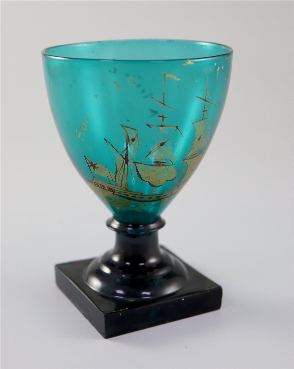 A green glass rummer, gilded by Absolon of Yarmouth c.1830, 12.2cm high